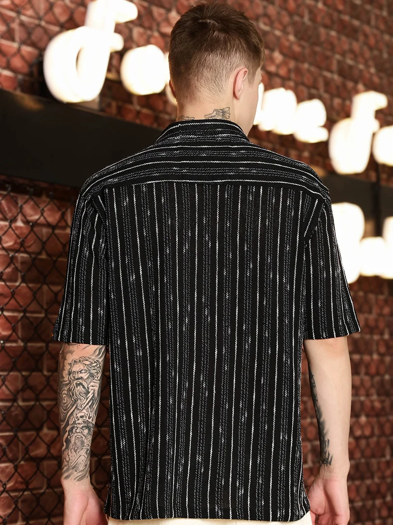 Maniac  Maniac Mens Textured Lines Collared Neck Full Sleeve Black & White Cotton Shirt for Men | Best Price UAE